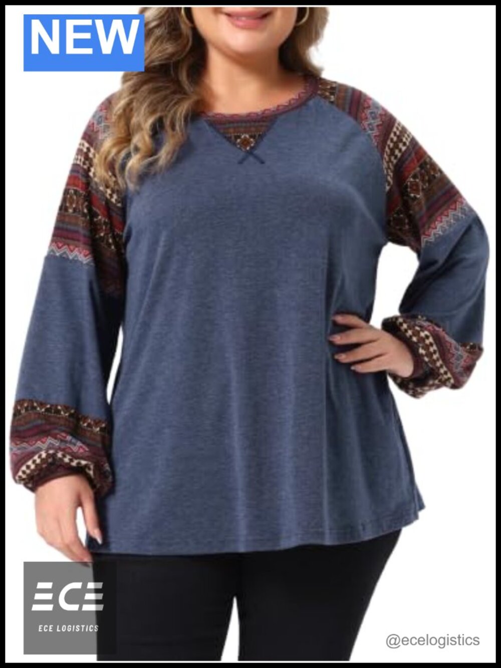 Plus Size Long Sleeve Boho T-Shirt Crew Neck Raglan Top Fall